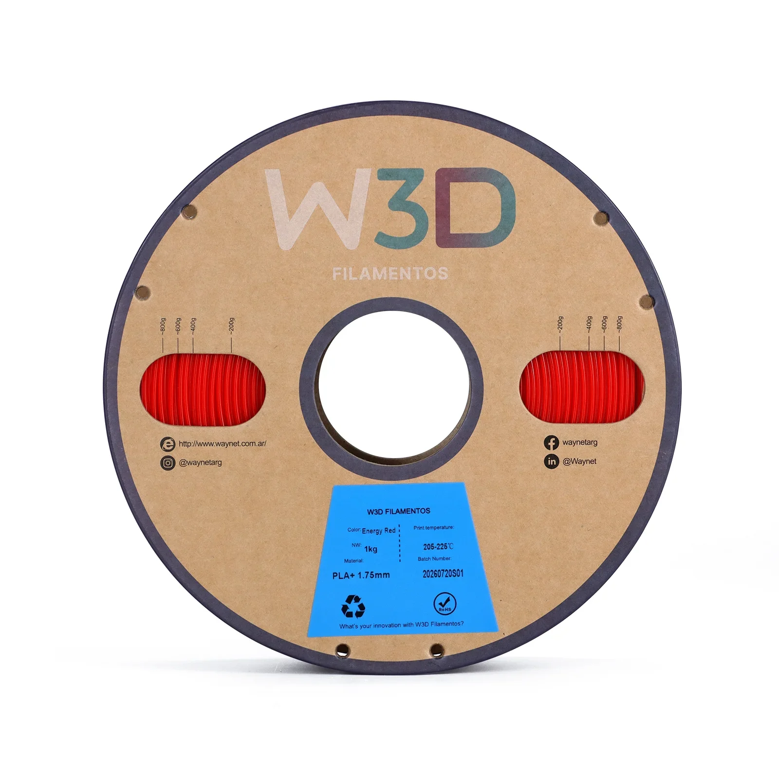 ROJO ENERGICO (Energy Red) PLA W3D FILAMENTO 3D 1.75MM 1KG 0101018