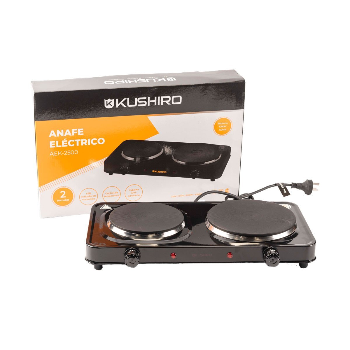 Anafe eléctrico 2 hornalla - 1500W y 1000 W KUSHIRO AEK-2500